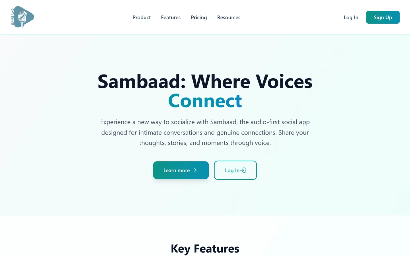 The Shambaad landing page, headed “Where Voices Connect”, with Log In and Sign Up buttons.